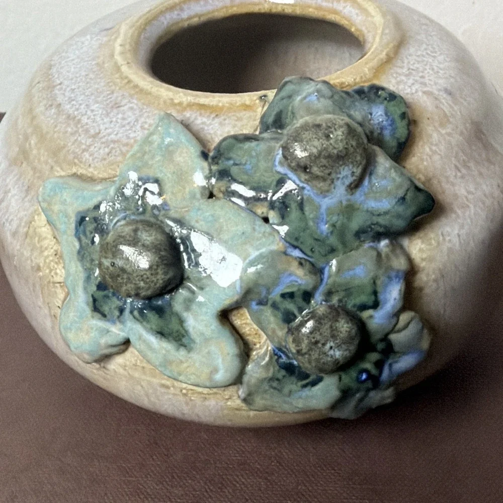 Handmade Studio Art Pottery Squat Vase Sculpted Applied Flowers Wabi Sabi Vessel